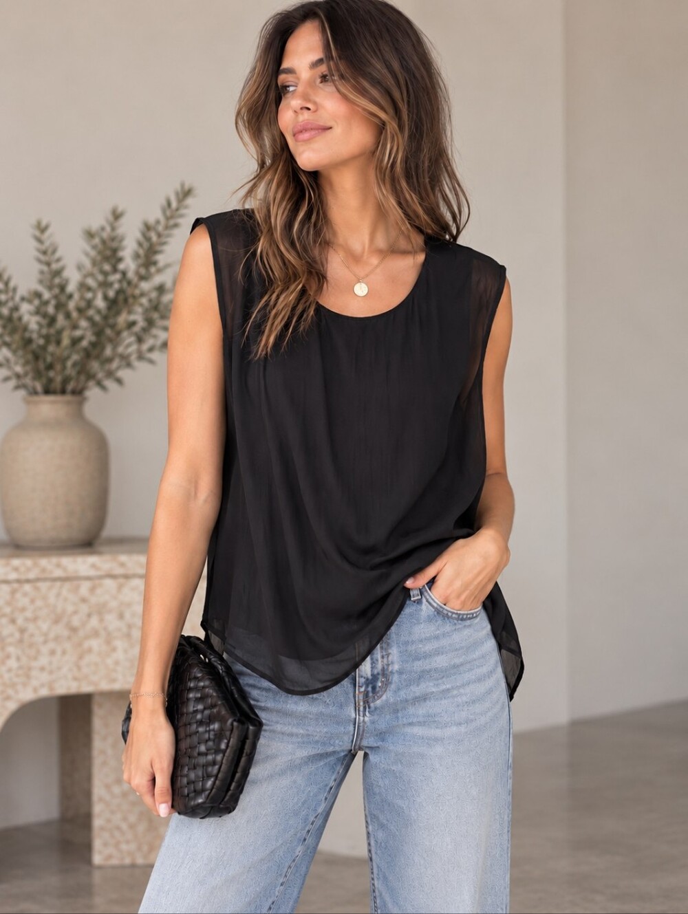 M Made in Italy | Black Layered Chiffon Sleeveless Blouse, Size M